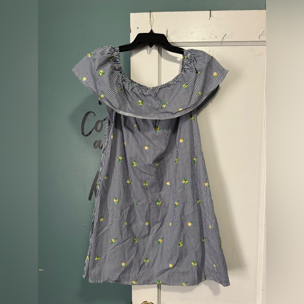 Per Ception Concepts Blue White Stripe Yellow Lemon Print OTS Dress M Medium